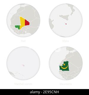 Le Mali, Malte, les Îles Marshall, la Mauritanie, le contour de la carte et le drapeau national en cercle. Illustration vectorielle. Illustration de Vecteur