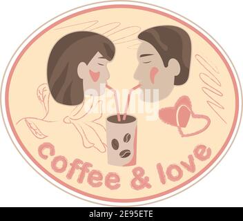 Carte de voeux pour la Saint-Valentin avec couple, lettrage et tasse de café Illustration de Vecteur