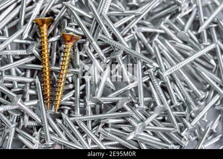 Deux vis en or dans la pile de clous de construction nickelés, se démarquer dans la foule conceptuel.croissance d'affaires et d'affaires, individualité et indépendance Banque D'Images