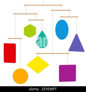 Sculpture mobile avec des formes colorées suspendues sur des cordes et des tiges en bois - illustration sur fond blanc. Banque D'Images