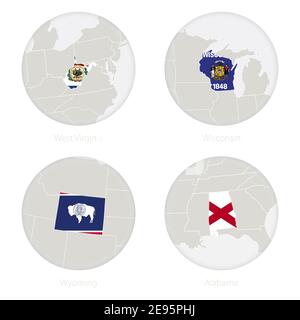 Virginie occidentale, Wisconsin, Wyoming, Alabama États-Unis contour de carte et drapeau national dans un cercle. Illustration vectorielle. Illustration de Vecteur