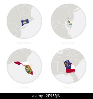 Connecticut, Delaware, Floride, Géorgie États-Unis contour de carte et drapeau national dans un cercle. Illustration vectorielle. Illustration de Vecteur
