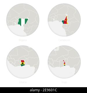 Le Nigéria, le Cameroun, le Ghana, le Togo, le contour de la carte et le drapeau national en cercle. Illustration vectorielle. Illustration de Vecteur