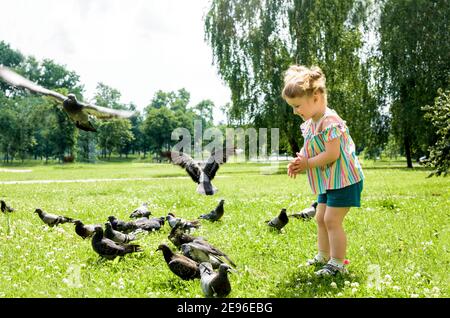 Un enfant nourrit des pigeons dans le parc de la ville en plein air.petite fille qui court près des colombes. Pourchassant les pigeons, heureux enfant souriant.chaud été ensoleillé Banque D'Images