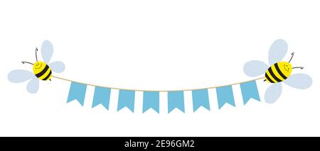 Banderole d'anniversaire avec des abeilles colorées et mignonnes et des drapeaux isolés sur fond blanc. Illustration du vecteur de Noël. Salutation de fête de bébé et Illustration de Vecteur