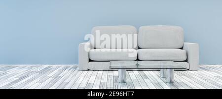 salle murale bleue moderne concept marin avec canapé gris et le sol en bois blanc et les tables en verre sont représentés en 3d Banque D'Images