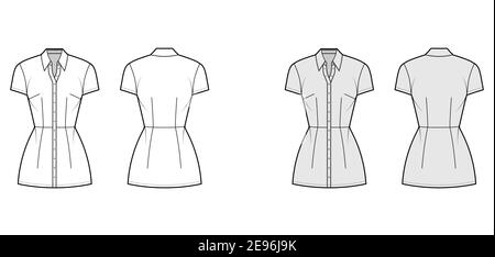Chemise robe technique mode illustration avec col classique, longueur mini, corps ajusté, Pencil plénitude, bouton vers le haut. Modèle de vêtement plat à l'avant, à l'arrière, blanc, de couleur grise. Femmes hommes maquette CAD Illustration de Vecteur