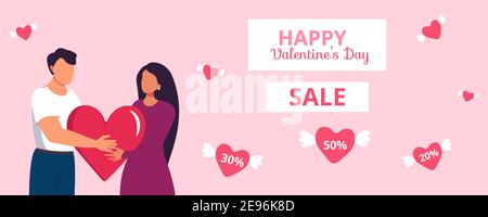 Bannière Web de la Saint-Valentin pour des offres spéciales, des remises, des ventes, des cartes postales Illustration de Vecteur