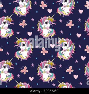 Motif sans couture avec têtes de licornes et de papillons mignons isolés sur fond bleu marine. Illustration vectorielle pour fête, impression, douche de bébé, papier peint Illustration de Vecteur