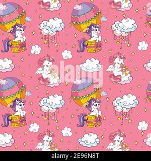 Motif sans couture mignon unicorns dans le ciel isolé sur fond rose. Illustration vectorielle pour fête, impression, douche de bébé, papier peint, design, décor, des Illustration de Vecteur