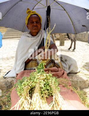 Une femme Tigrayan qui vend des pois chiches verts frais sur le marché d'Aksum, en Éthiopie. Banque D'Images