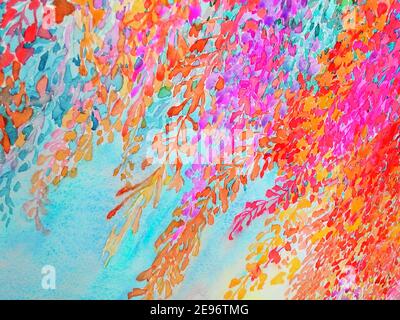 Aquarelle abstraite peinture originale colorée un bouquet de fleurs au vent et de feuilles vertes sur fond bleu. Banque D'Images