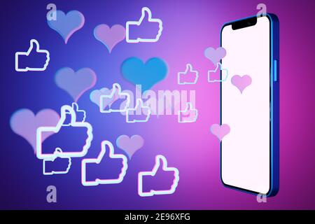 Maquette 3D d'un smartphone moderne sur un écran blanc avec des poings sur un fond violet isolé. Illustration de dialogu Banque D'Images