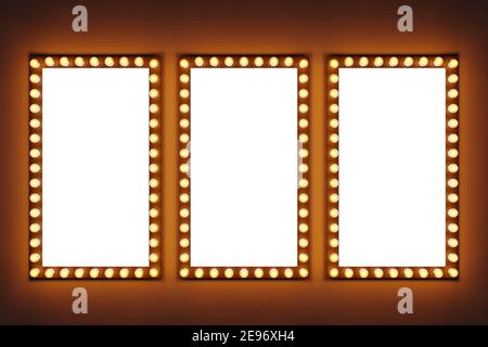 Les ampoules de couleur jaune vif d'une rangée sous forme de rectangles sont allumées sur un fond marron isolé. Trois rectangles blancs autour desquels des ampoules Banque D'Images