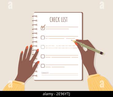 Concept de liste de contrôle. Femme africaine planifiant jour ou semaine. Planification des tâches de l'entreprise, organisation du processus de travail et réalisation des objectifs. Vecteur Illustration de Vecteur
