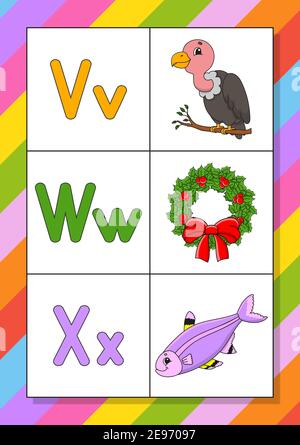 Alphabet anglais avec caractères de dessin animé. Cartes Flash. Ensemble de vecteurs. Style coloré. Apprendre ABC. Minuscules et majuscules. Illustration de Vecteur