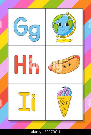 Alphabet anglais avec caractères de dessin animé. Cartes Flash. Ensemble de vecteurs. Style coloré. Apprendre ABC. Minuscules et majuscules. Illustration de Vecteur