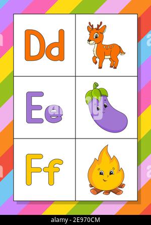 Alphabet anglais avec caractères de dessin animé. Cartes Flash. Ensemble de vecteurs. Style coloré. Apprendre ABC. Minuscules et majuscules. Illustration de Vecteur
