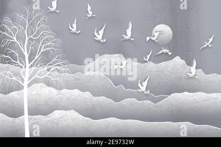 illustration 3d, paysage monochrome abstrait avec un arbre blanc et un troupeau d'oiseaux blancs Banque D'Images