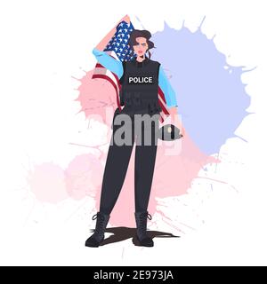 Policewoman en uniforme tenant le drapeau des Etats-Unis heureux fête du travail concept femme policier pleine longueur illustration de vecteur Illustration de Vecteur