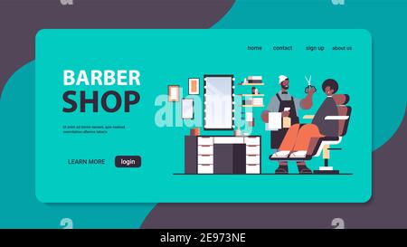 coiffeur élégant coupant les cheveux du client homme barber en uniforme mode coiffure barbershop concept pleine longueur horizontale copie espace vecteur illustration Illustration de Vecteur