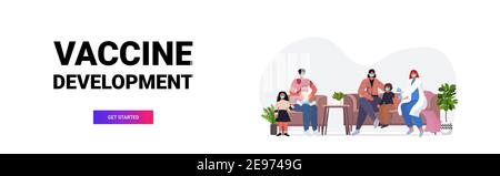 femme médecin vaccinant les patients de la famille dans des masques pour lutter contre illustration du vecteur horizontal pleine longueur du concept de développement du vaccin contre le coronavirus Illustration de Vecteur