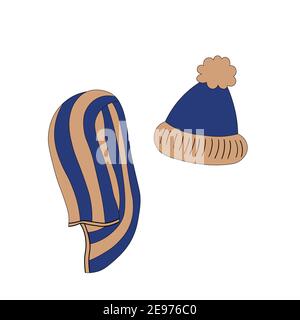 Ensemble avec accessoires d'hiver : bonnet et écharpe. Jolie collection de vêtements en maille style dessin animé pour l'hiver. Illustration vectorielle de Noël Illustration de Vecteur