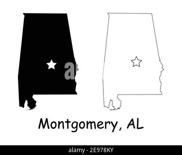 Montgomery Alabama AL State Map USA avec Capital Star. Silhouette noire et cartes isolées sur fond blanc. Vecteur EPS Illustration de Vecteur