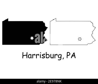 Pennsylvania PA State Map USA avec Capital City Star à Harrisburg. Silhouette et contour noirs isolés sur fond blanc. Vecteur EPS Illustration de Vecteur