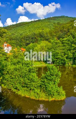 Île flottante sur le lac de Smetes en Serbie Banque D'Images