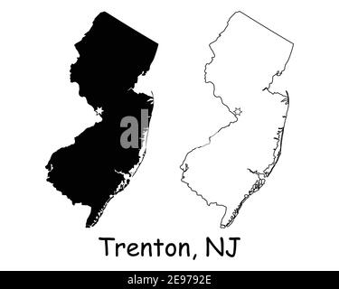 New Jersey NJ carte de l'État des États-Unis avec Capital City Star à Trenton. Silhouette et contour noirs isolés sur fond blanc. Vecteur EPS Illustration de Vecteur