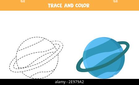 Trace et couleur bleu planète Uranus. Jeu éducatif pour les enfants. Pratique de l'écriture et de la coloration. Illustration de Vecteur