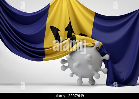 Drapeau national de la Barbade drapé sur une molécule de la maladie du virus Covid. Rendu 3D Banque D'Images