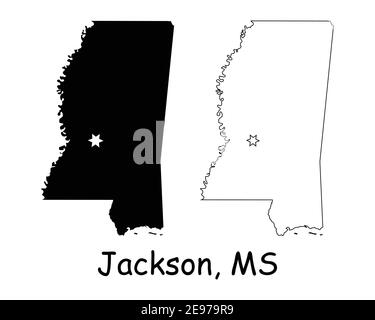 Mississippi MS carte de l'État des États-Unis avec Capital City Star à Jackson. Silhouette et contour noirs isolés sur fond blanc. Vecteur EPS Illustration de Vecteur