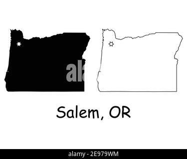 Oregon OU carte d'État des États-Unis avec Capital City Star à Salem. Silhouette et contour noirs isolés sur fond blanc. Vecteur EPS Illustration de Vecteur