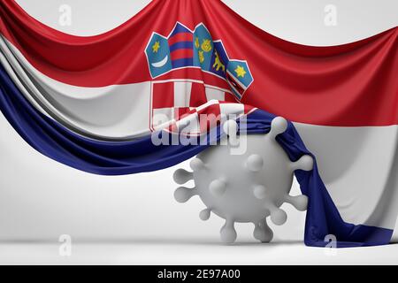 Le drapeau national de la Croatie a drapé sur une molécule de la maladie du virus Covid. Rendu 3D Banque D'Images