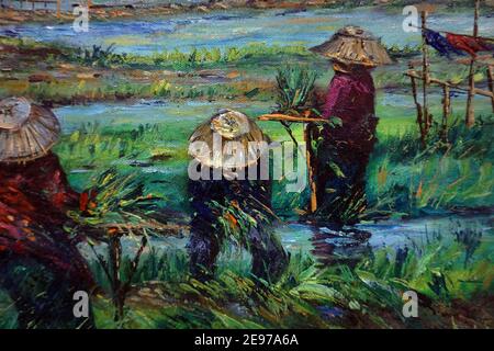 Art peinture huile couleur Thaïlande cultiver du riz , transplantation de semis de riz , vie rurale , Thaïlande rurale Banque D'Images