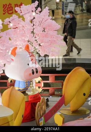 Vancouver, Canada. 2 février 2021. Les résidents se promènent devant les décorations du nouvel an lunaire chinois au Aberdeen Centre, à Richmond, en Colombie-Britannique, au Canada, le 2 février 2021. Credit: Liang Sen/Xinhua/Alay Live News Banque D'Images