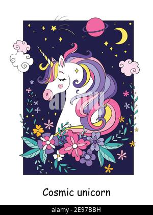 Beauté cosmique tête de licorne avec des étoiles et des fleurs. Dessin animé vectoriel illustration colorée isolée sur fond blanc. Pour le modèle de livre de coloriage, prin Illustration de Vecteur