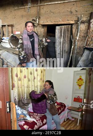 (210203) -- LIANGSHAN, 3 février 2021 (Xinhua) -- dans cette photo combinée prise le 20 janvier 2021, la partie supérieure montre Wuqi Labumu, fille aînée de Bamu Yubumu, présentant une ancienne maison où elle habitait; La partie inférieure montre Wuqi Labumu arranger ses vêtements dans sa nouvelle résidence à Taoyuan Village, Yuexi County, Liangshan Yi Préfecture autonome, sud-ouest de la province du Sichuan en Chine. Une jeune mère se pencha avec impatience pour équilibrer le poids d'un bagage surdimensionné sur le dos et d'un bébé minuscule dans le bras, alors qu'elle se battait devant elle. C'est l'image que le journaliste de Xinhua Zhou Ke Captur Banque D'Images