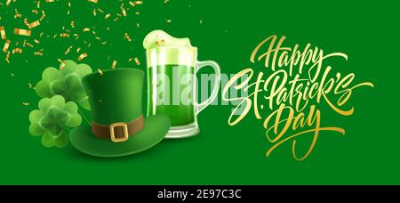 Joyeux anniversaire de la Saint Patrick pour carte postale, bannière, affiche. Chapeau Leprechun avec feuilles de trèfle et bière verte. Illustration vectorielle Illustration de Vecteur