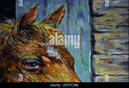 peints à la main originaux impressionnisme chefs-d'œuvre peintre art peinture à l'huile cheval et poney dans le zoo Banque D'Images