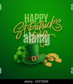 Joyeux anniversaire de la Saint Patrick pour carte postale, bannière, affiche. Chapeau Leprechaun avec feuilles de trèfle et pièces d'or. Illustration vectorielle Illustration de Vecteur