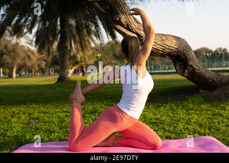 Dans l'ambiance sereine du plein air, une jeune femme s'engage dans l'art du yoga, ornée d'une tenue de yoga rose vibrante. Banque D'Images