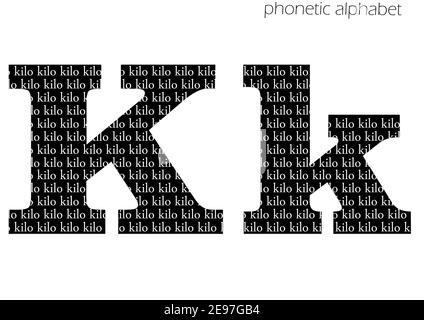 K (kilo) 3D illustration de l'alphabet phonétique pour la décoration en noir et blanc Banque D'Images