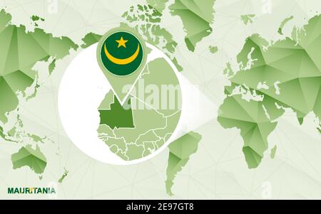 Carte du monde centrée sur l'Amérique avec carte de Mauritanie agrandie. Carte du monde polygonale verte. Illustration de Vecteur