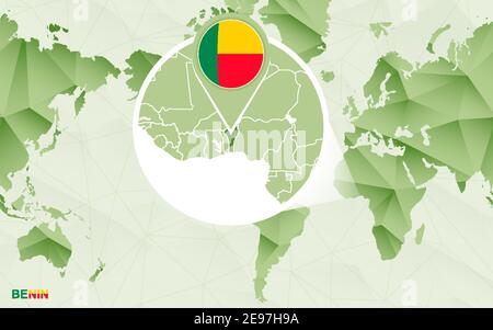 Carte du monde centrée sur l'Amérique avec carte du Bénin agrandie. Carte du monde polygonale verte. Illustration de Vecteur