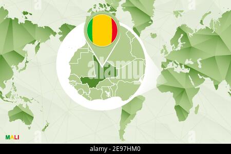 Carte du monde centrée sur l'Amérique avec carte du Mali agrandie. Carte du monde polygonale verte. Illustration de Vecteur