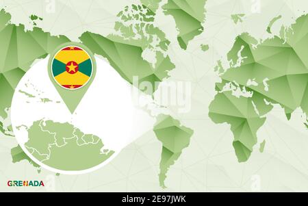 Carte du monde centrée sur l'Amérique avec carte agrandie de la Grenade. Carte du monde polygonale verte. Illustration de Vecteur