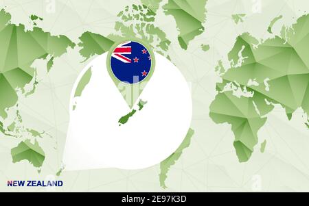 Carte du monde centrée sur l'Amérique avec carte agrandie de la Nouvelle-Zélande. Carte du monde polygonale verte. Illustration de Vecteur